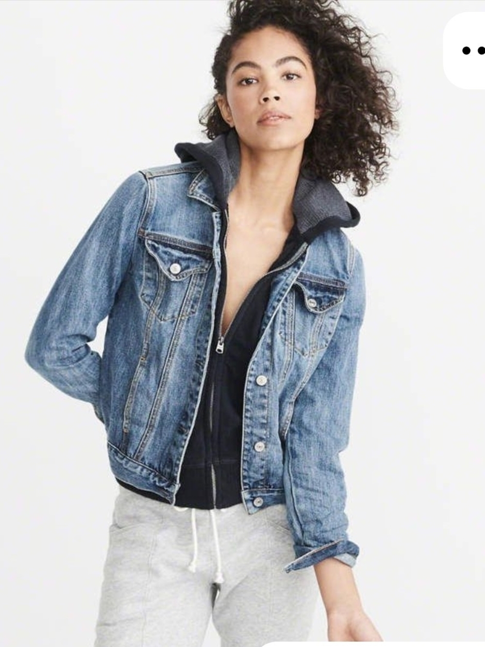 Abercrombie & Fitch Blue Denim Jacket with Dark Gray Hooded Liner